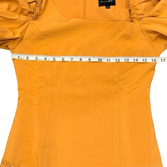 Marigold Line & Dot Ruffle Asymmetrical Puff Sleeve Yoko Mini Dress Size Small - Picture 12 of 15